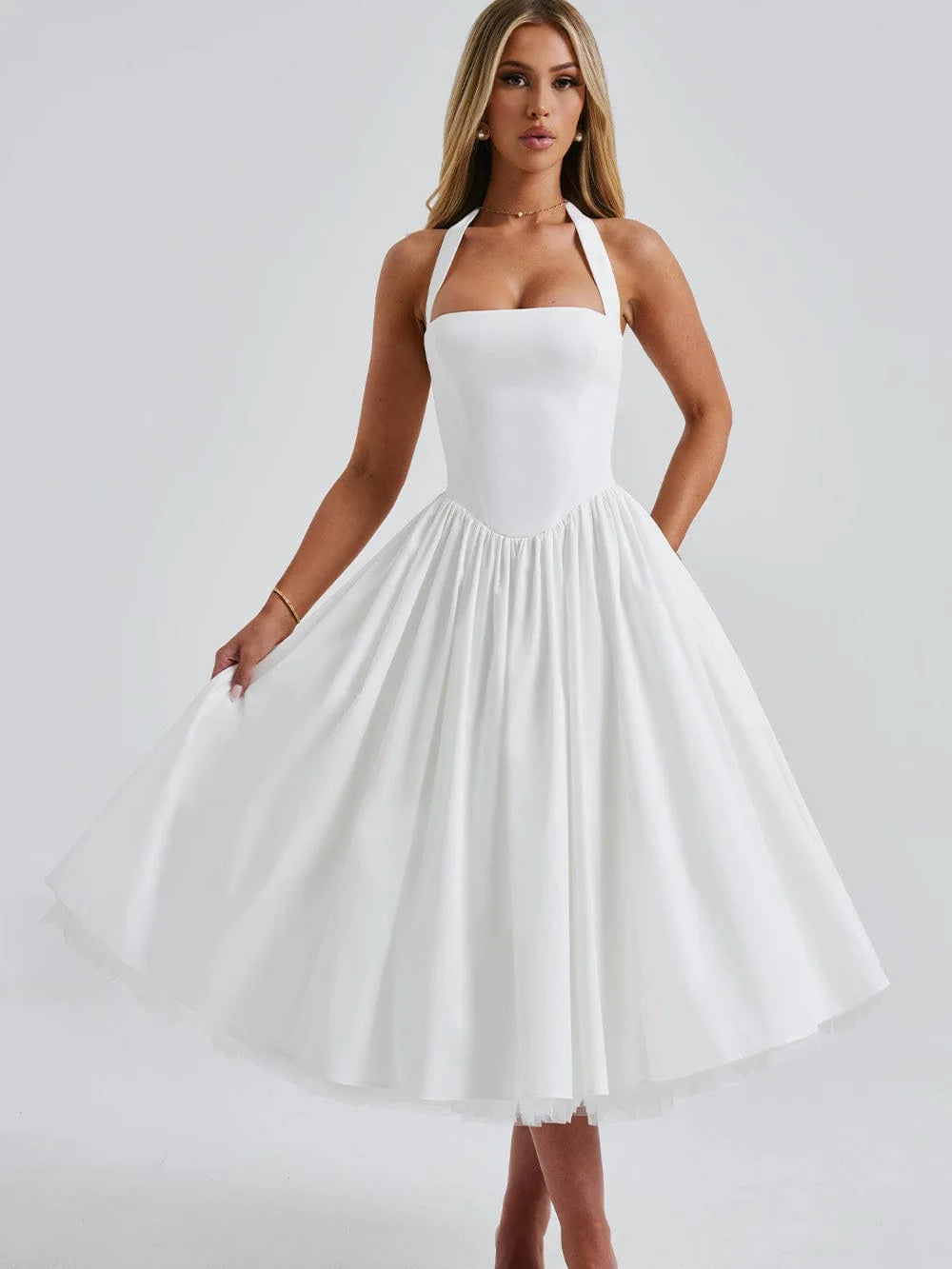 New Women's Midi Woven Casual Solid Puff Skirt Dresses Breathable A-Line Silhouette for Spring and Summer - Shellss