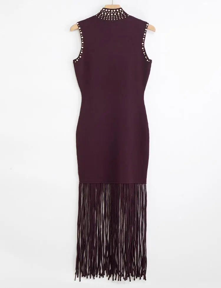 High Quality Hot Drilling Lady Summer Sleeveless Wear Women Turtleneck Knitted Slim Fitted Slit Tassel Solid Long Dresses