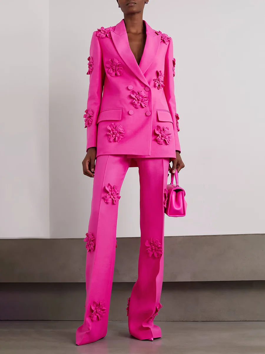 Blazer and Pants Set for Women Blazer Set High Quality 3D Flower Ladies Tuxedo Suit