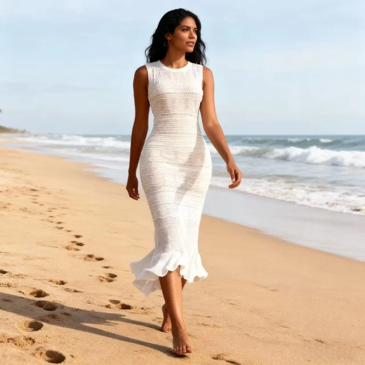S 2025 Spring and Summer Sleeveless Slim-fit Ruffled Elegant Knitted Solid Long Skirt Dress Fresh Edge
