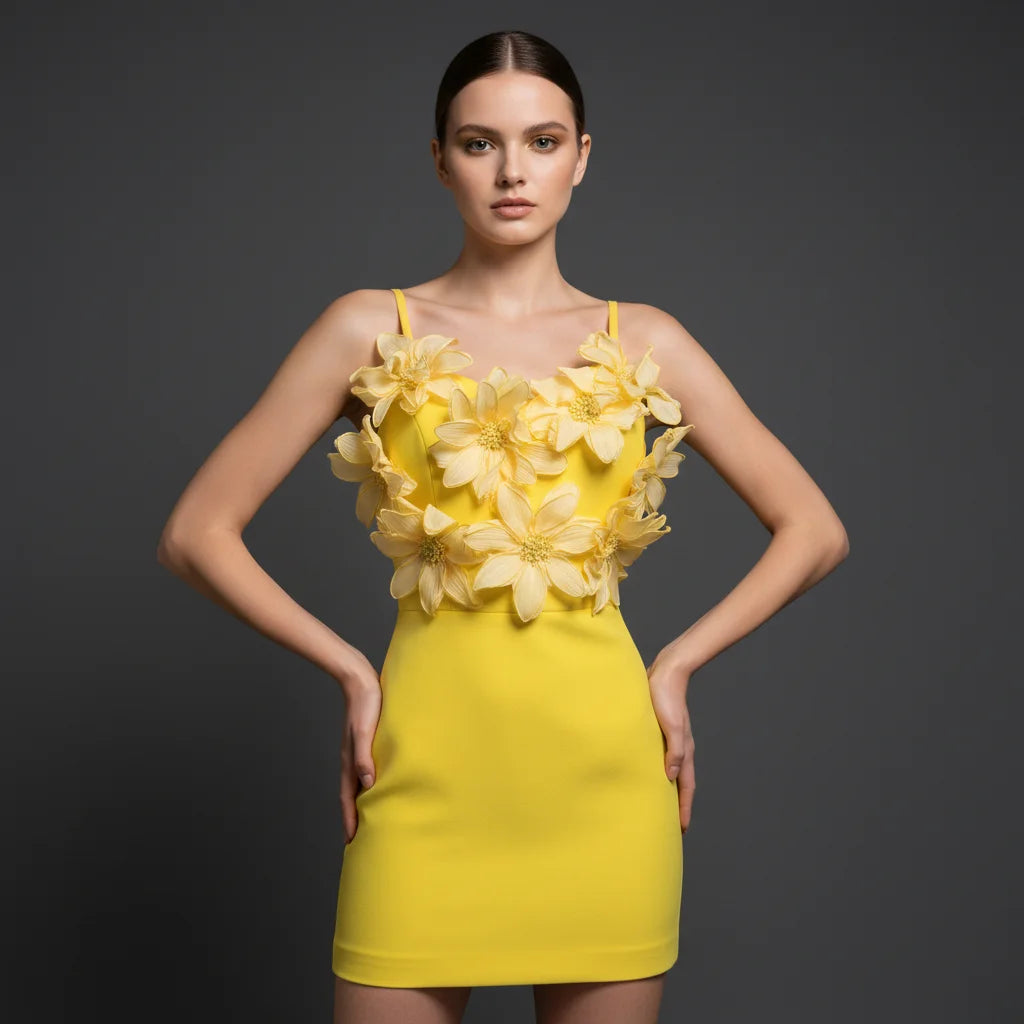 Yellow dress with floral details on a dark background party birthday events dress zimmerman clubL farmrio elisabetta