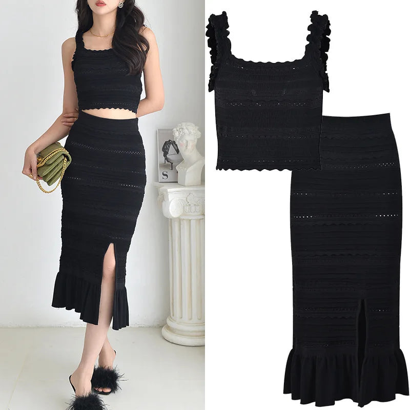 OUDINA Boutique Fashion Casual Elegant Ruffled Knit Camisole Sleeveless Tops Skirt Black Women Two Piece Set