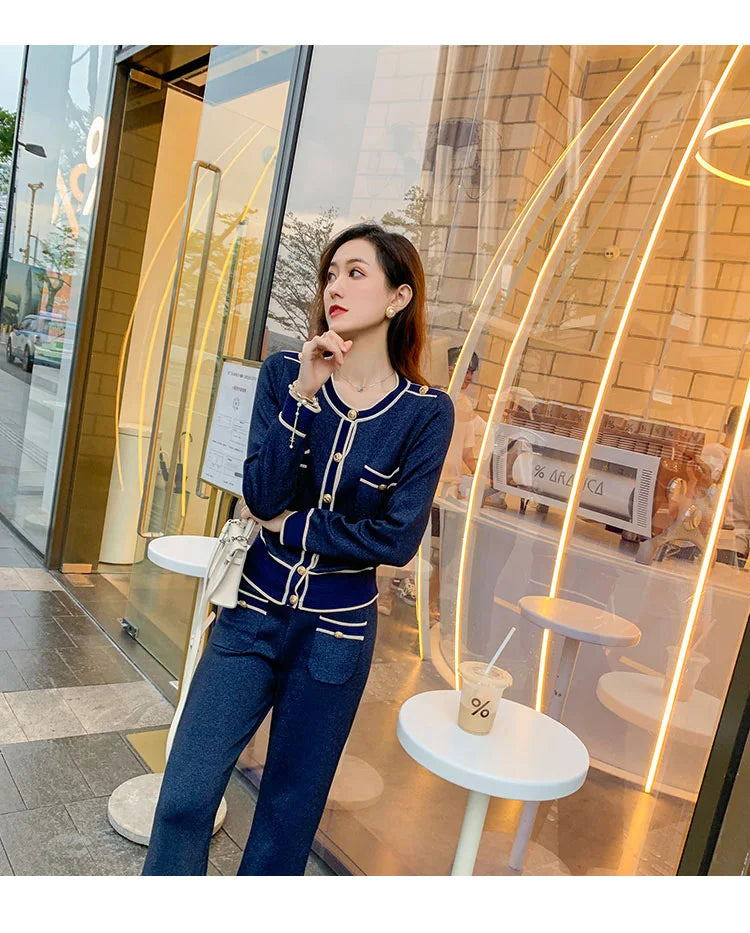 Luxury Elegant Trousers Suit Knitted Bright Cardigan set