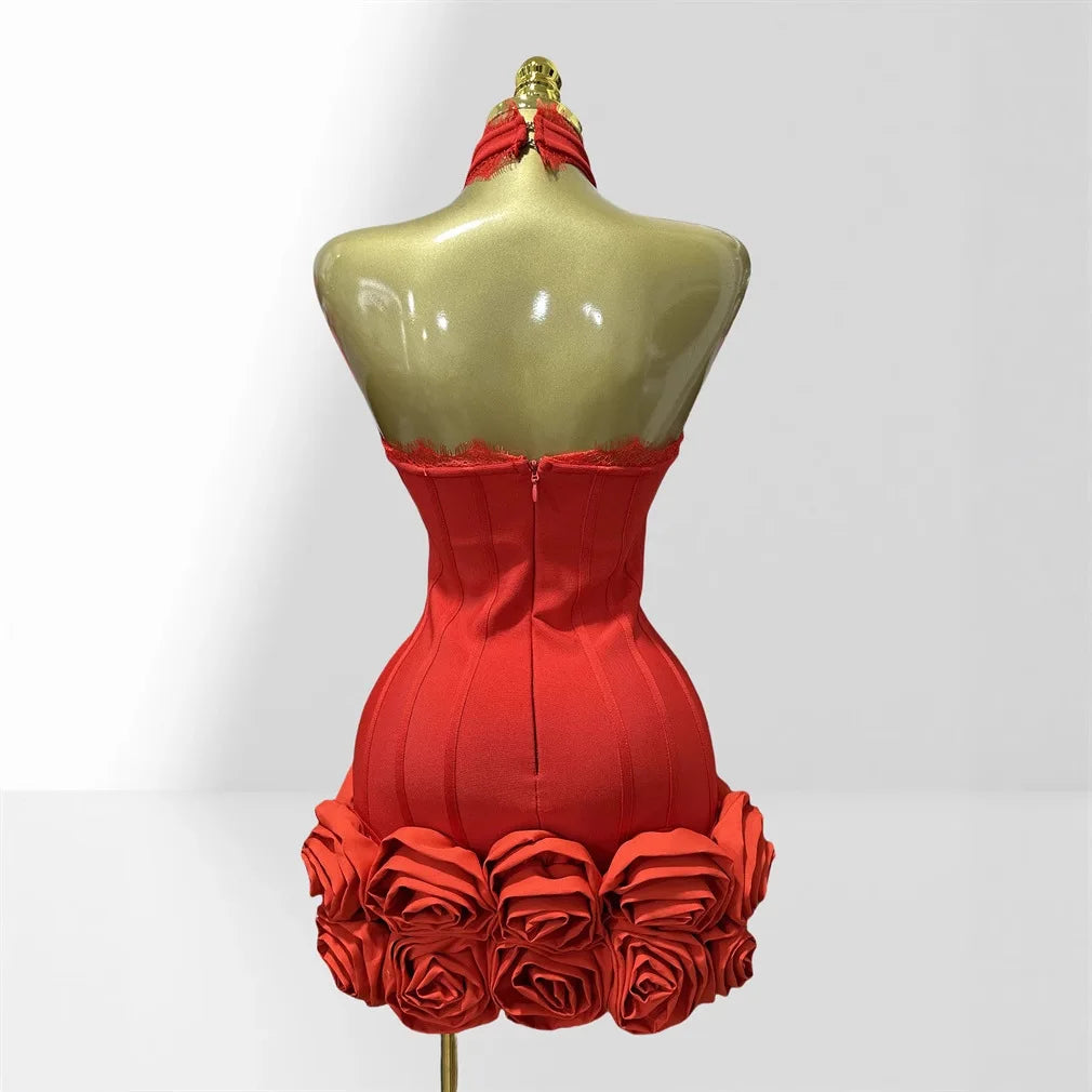 Red Mini party Dress with Rosses