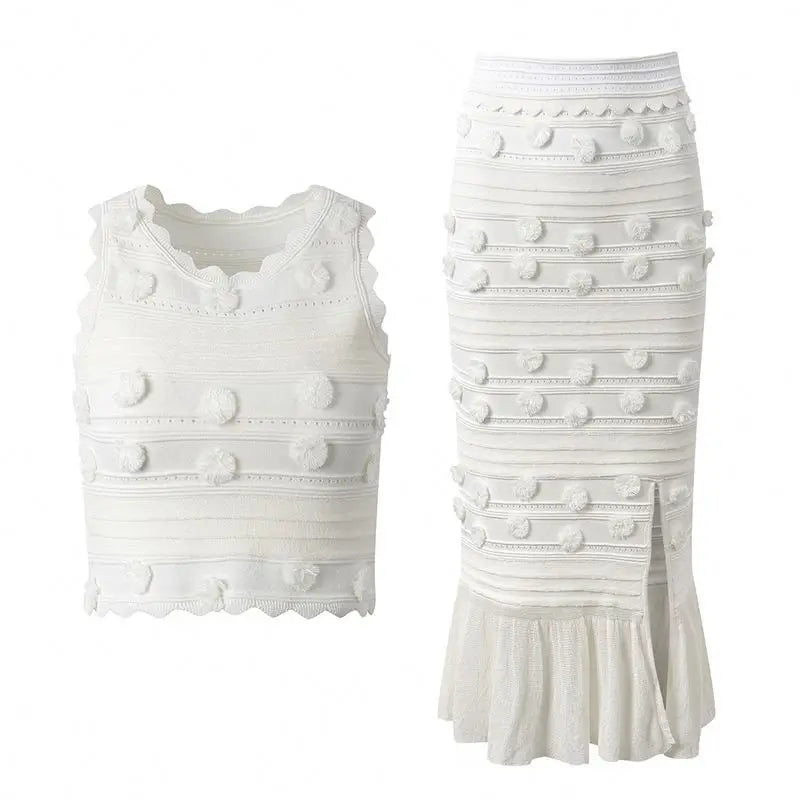Spring and Summer Fashion Design Pom Pom Embroidery Set Ruffle Tank Top Split Half Body Skirt Gentle Set