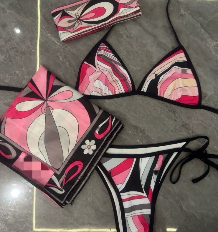 New STOCK Fashion 4 Pieces Swimwear With Headband Big Beach Scarfs Sexy Women Designer Bikini Set