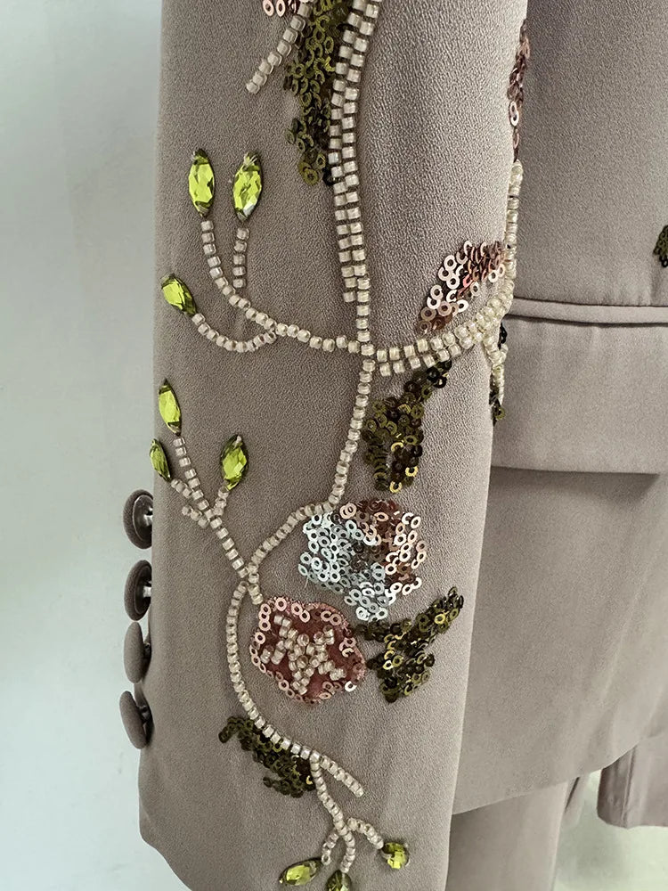OUDINA Factory Wholesale Embroidered Sequins Flower Jacket Wide Leg Pants Suits and Blazer Two Piece Set Women's Suits & Blazers
