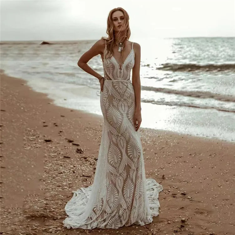 Backless Lace Embroidery Wedding Bridal Dress - Shellss