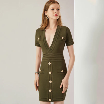 Luxury Army Green Knit Dress Boss Lady