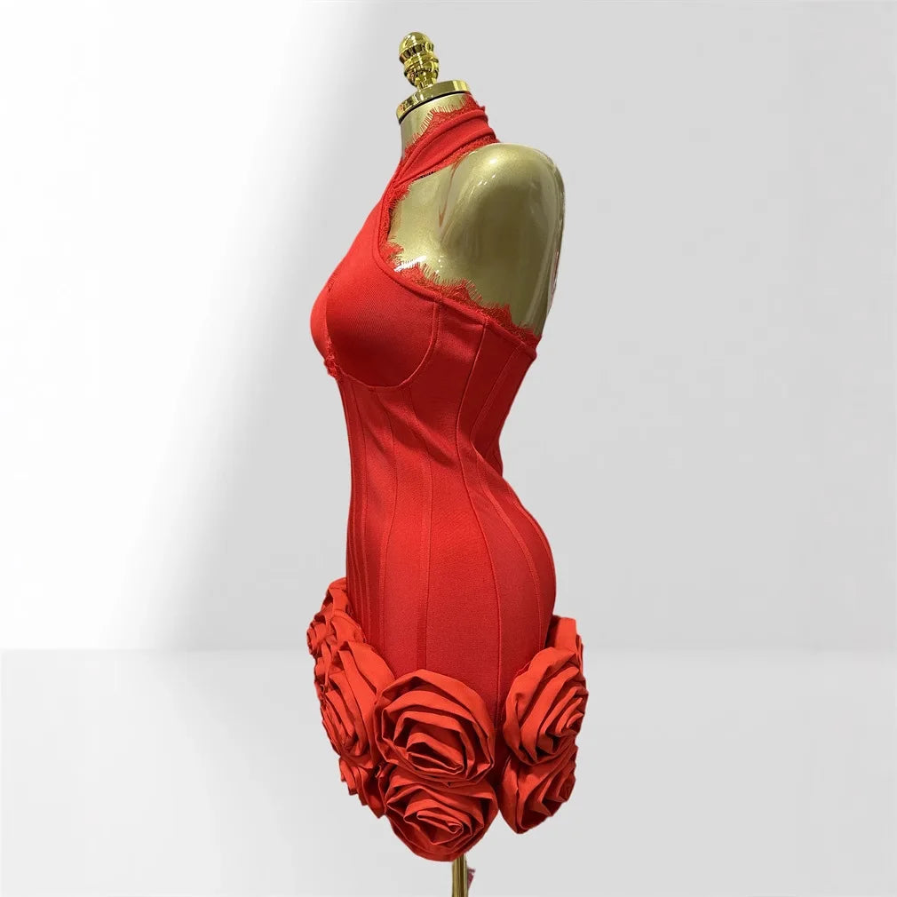 Red Mini party Dress with Rosses