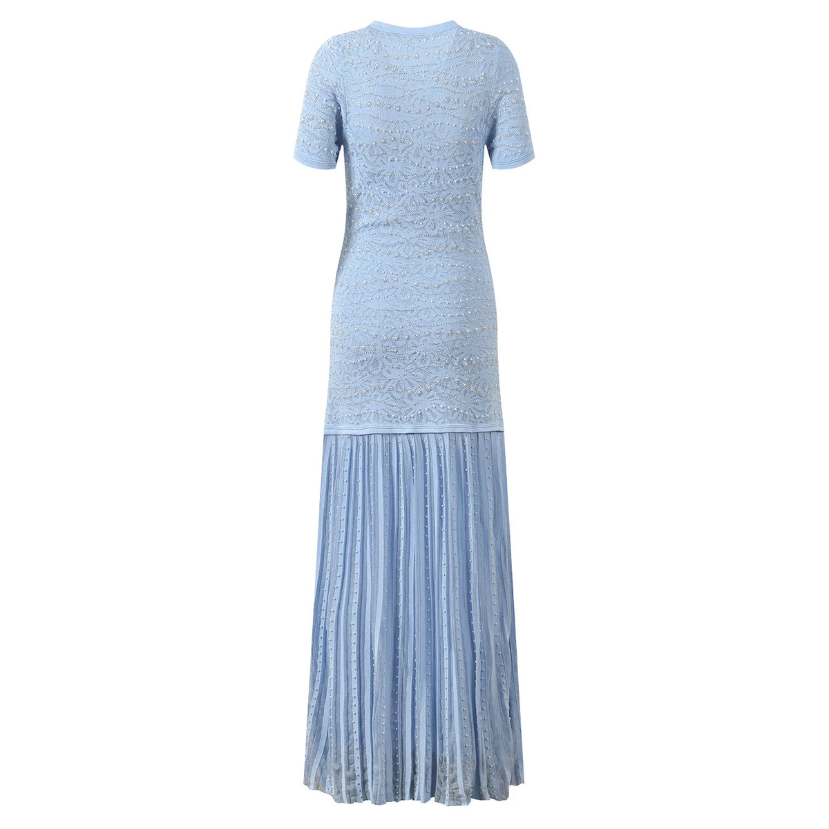 2026 Lady Fine Workmanship Jacquard Lace Beading Wear O-neck Short Sleeve Knits Solid Pleated Long Dress With Slips Lining