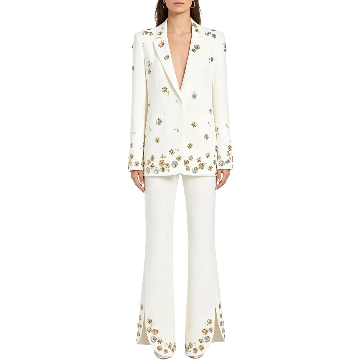 OUDINA New European Heavily Embellished Bead Rhinestone Accents Blazer Pants Suit Two Piece Plus Size Women's Suits Blazers