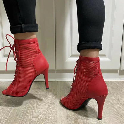 New Sexy High Heels Hollow Mesh Sandals Summer Fashion Trend Comfort Peep Toe Boots Stilettos Jazz Dance Female Shoes Plus Size