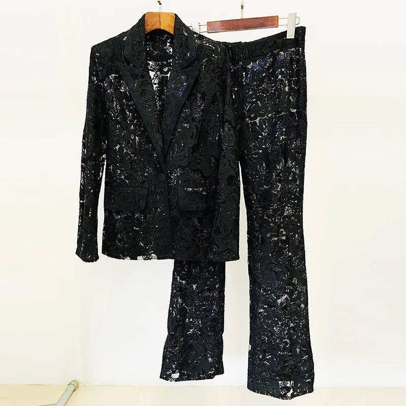 Autumn and Winter Elegant Ladies White Lace Sequin Tuxedo Suit and Pants Sets Women Blazer Set