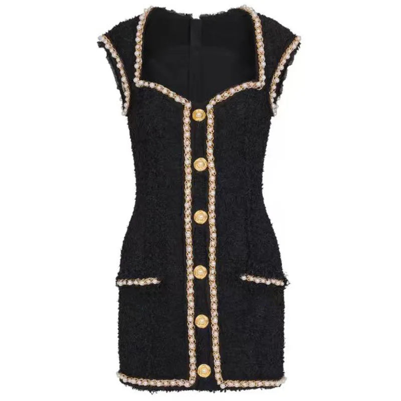 Sexy Designed Sweetheart Neck Slim Fitted Lady Quality Tweeed Formal Wear Women Beading Mini Solid Party Dress for Women