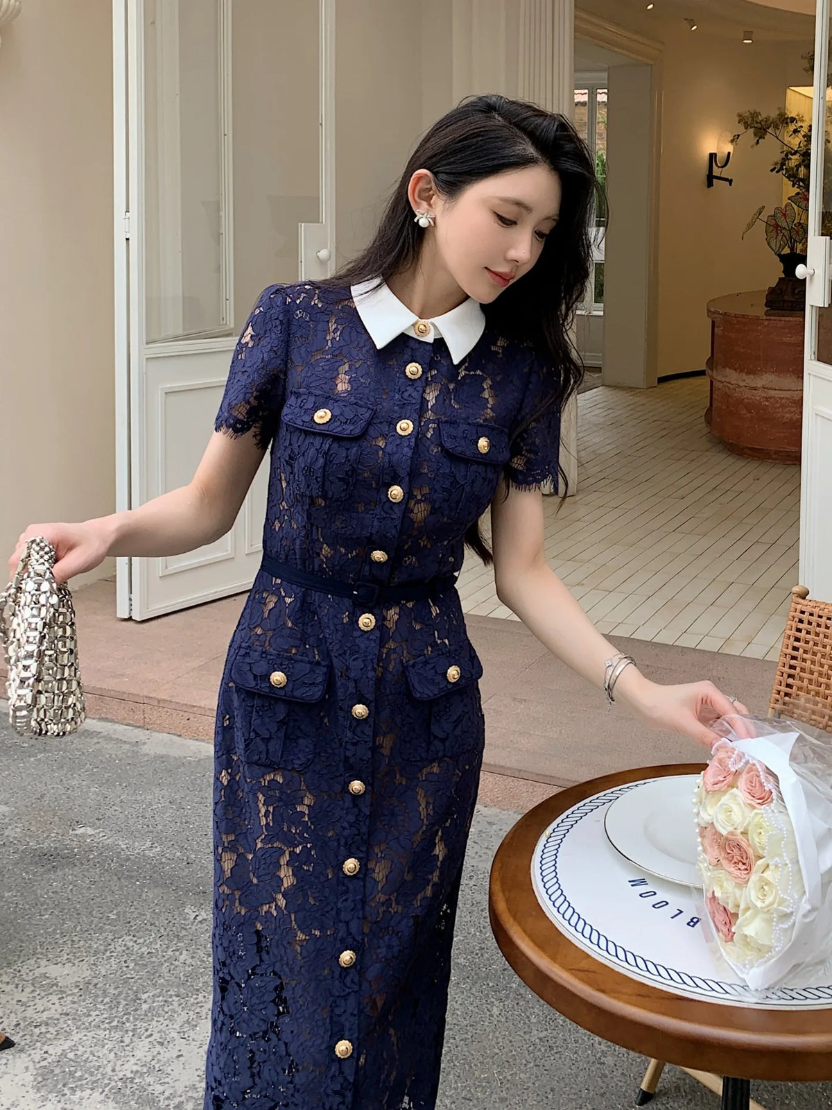Womens Lace Mid-calf Dresses Hollow Out Turndown Collar Elegant Short Sleeve Single Breasted Casual Dress