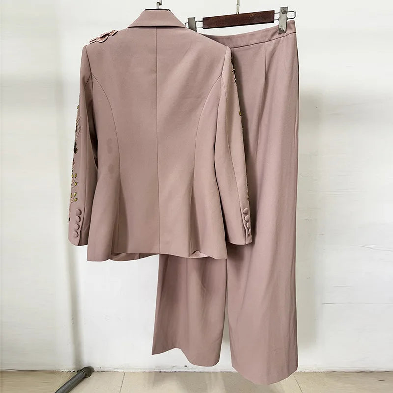 OUDINA Factory Wholesale Embroidered Sequins Flower Jacket Wide Leg Pants Suits and Blazer Two Piece Set Women's Suits & Blazers