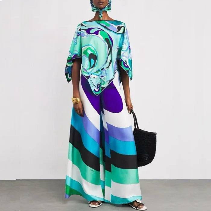 Pucci Top Ruffled Sleeves Wide Leg Flared Trousers Set