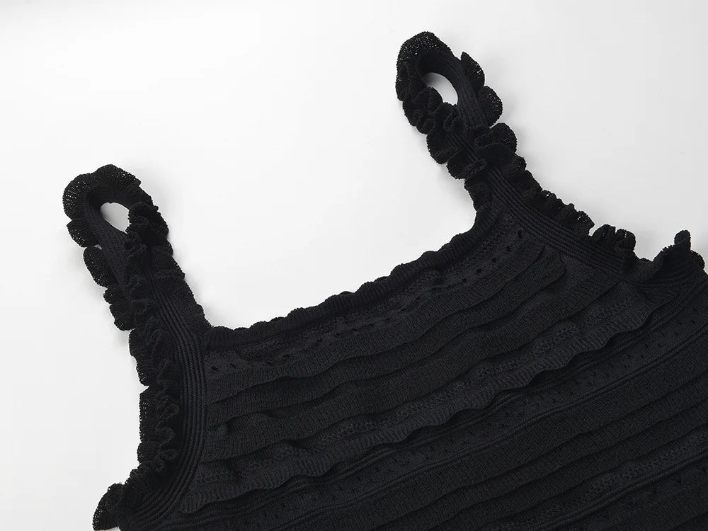 OUDINA Boutique Fashion Casual Elegant Ruffled Knit Camisole Sleeveless Tops Skirt Black Women Two Piece Set