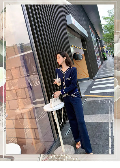 Luxury Elegant Trousers Suit Knitted Bright Cardigan set