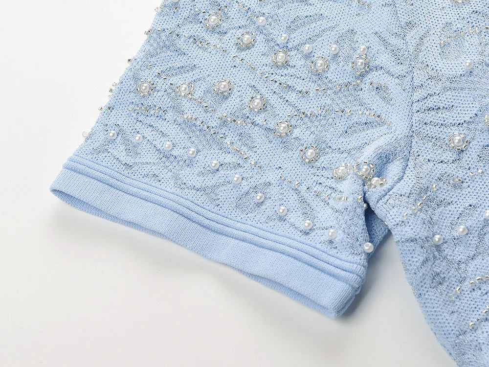 2026 Lady Fine Workmanship Jacquard Lace Beading Wear O-neck Short Sleeve Knits Solid Pleated Long Dress With Slips Lining