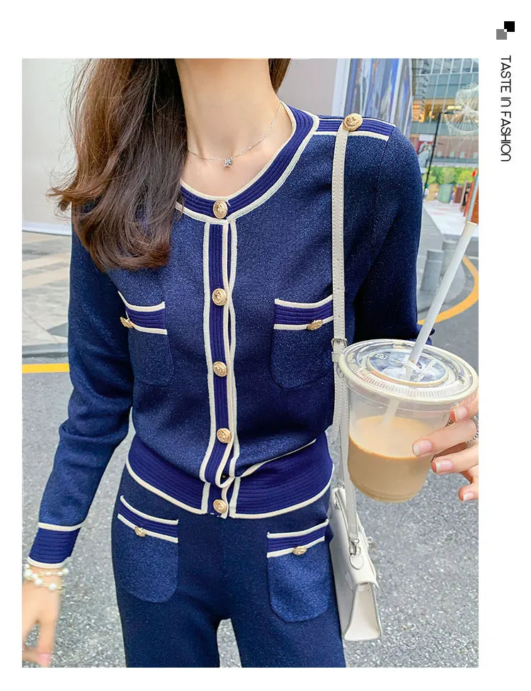Luxury Elegant Trousers Suit Knitted Bright Cardigan set