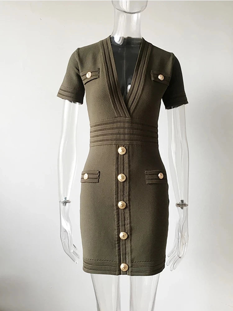 Luxury Army Green Knit Dress Boss Lady