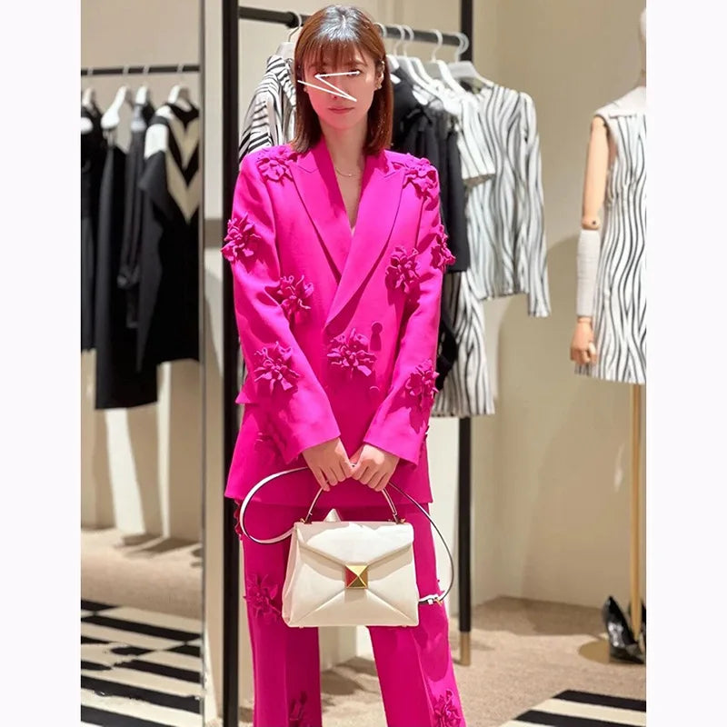 Blazer and Pants Set for Women Blazer Set High Quality 3D Flower Ladies Tuxedo Suit