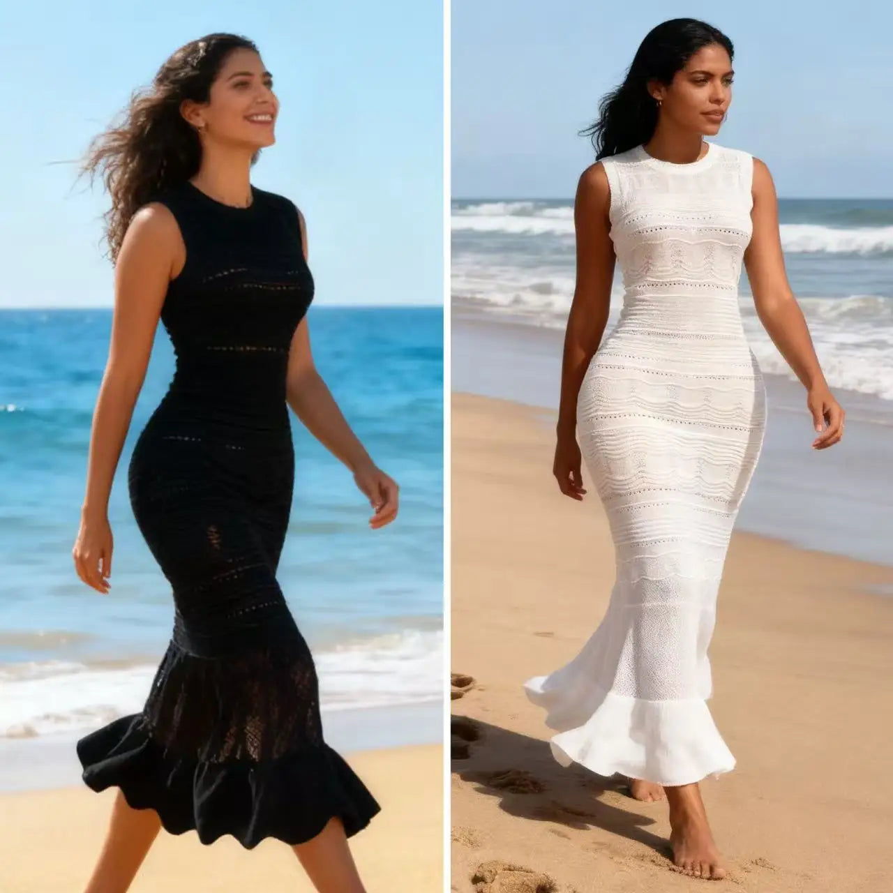 S 2025 Spring and Summer Sleeveless Slim-fit Ruffled Elegant Knitted Solid Long Skirt Dress Fresh Edge