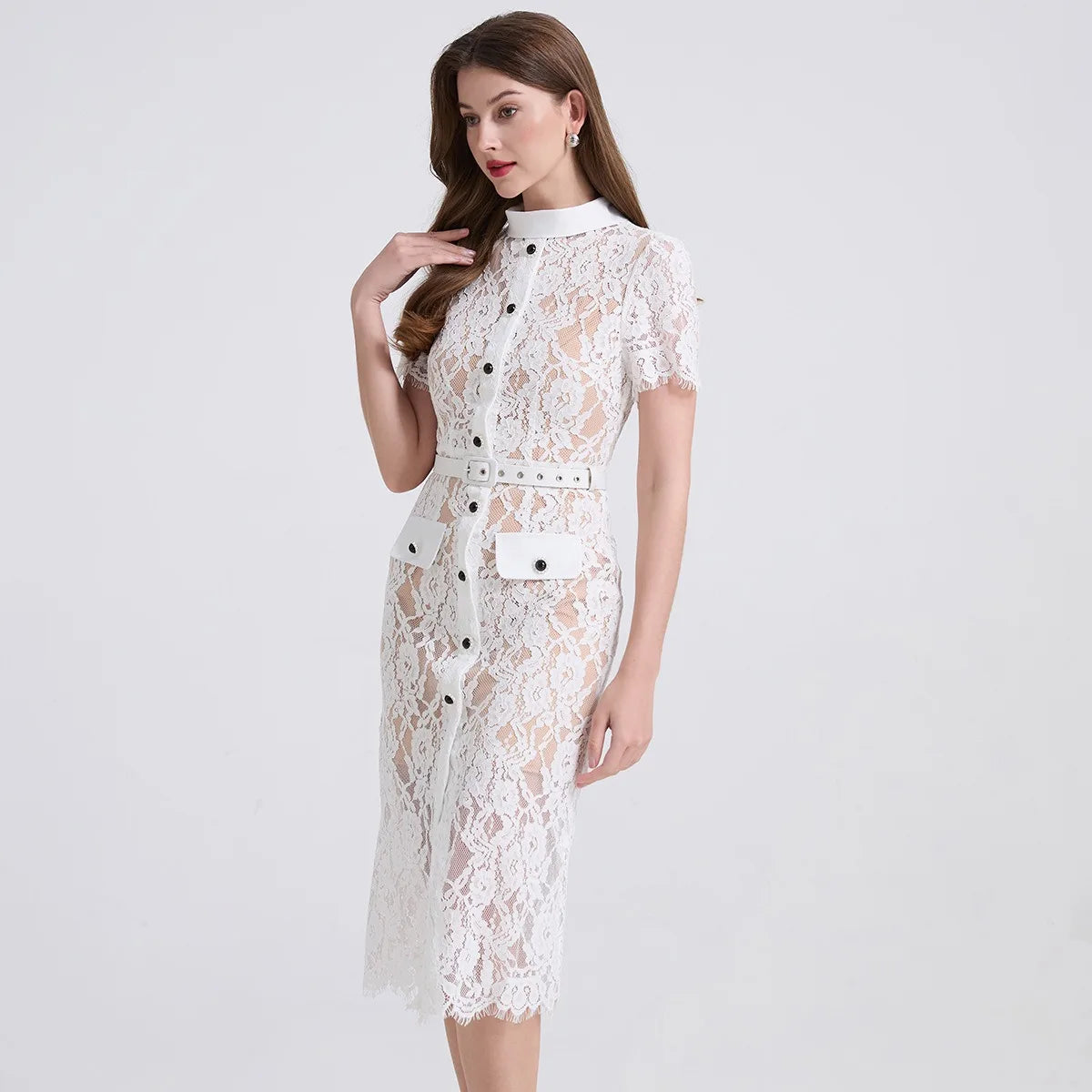 S-2XL Spring Summer Stretch Lace Elegant Patchwork Short Sleeve Dress High Fanny Pack Hip Dress Casual Dress