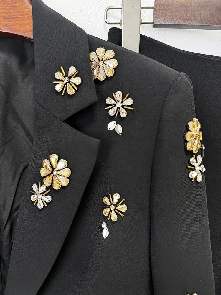 OUDINA New European Heavily Embellished Bead Rhinestone Accents Blazer Pants Suit Two Piece Plus Size Women's Suits Blazers