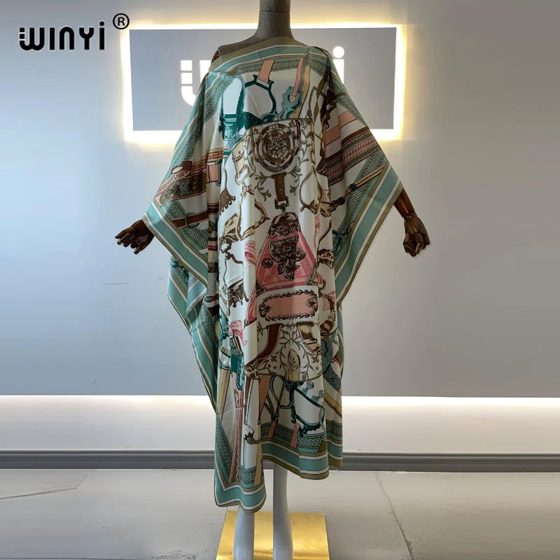 Africa Fashion Blogger Recommend Popular printed Silk Kaftan Maxi dresses Loose Summer Beach Bohemian kaftan long dress for lady - Shellss