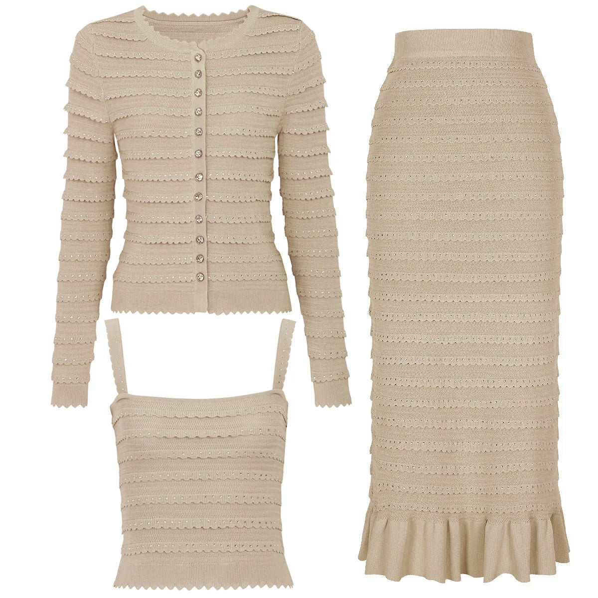 2026 New Hot Drilling High Quality Spring and Autumn Knitted Top Cardigan Jacket Sling Vest Overskirt Three-Piece Set