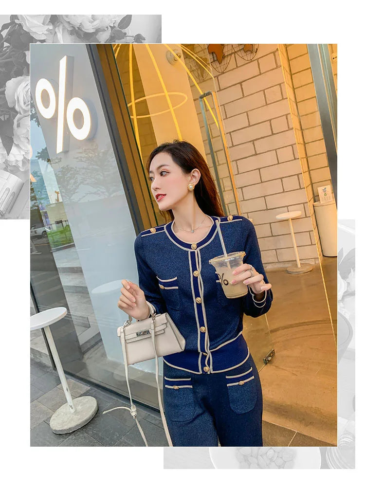 Luxury Elegant Trousers Suit Knitted Bright Cardigan set