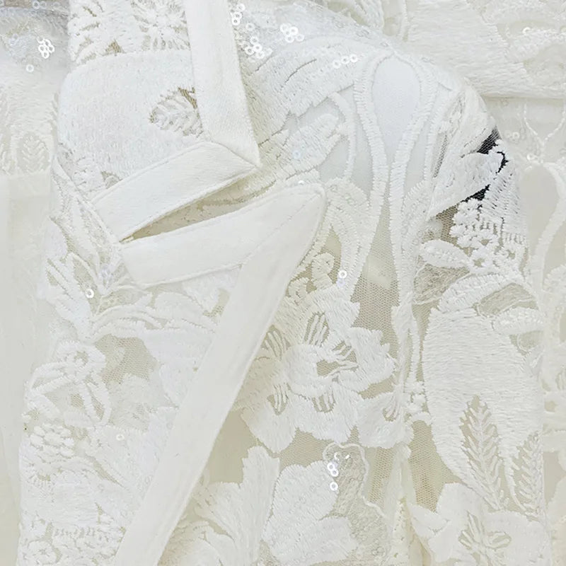 Autumn and Winter Elegant Ladies White Lace Sequin Tuxedo Suit and Pants Sets Women Blazer Set