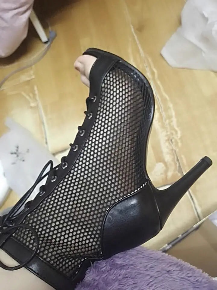 New Sexy High Heels Hollow Mesh Sandals Summer Fashion Trend Comfort Peep Toe Boots Stilettos Jazz Dance Female Shoes Plus Size