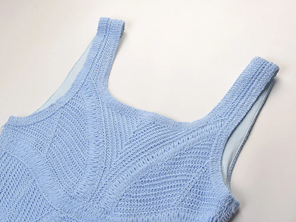 2026 Summer Lady Elegant Style Designed Solid Wavy Hem Sleeveless Wear Solid Waisted Straps A-line Short Mini Knits Dress Women