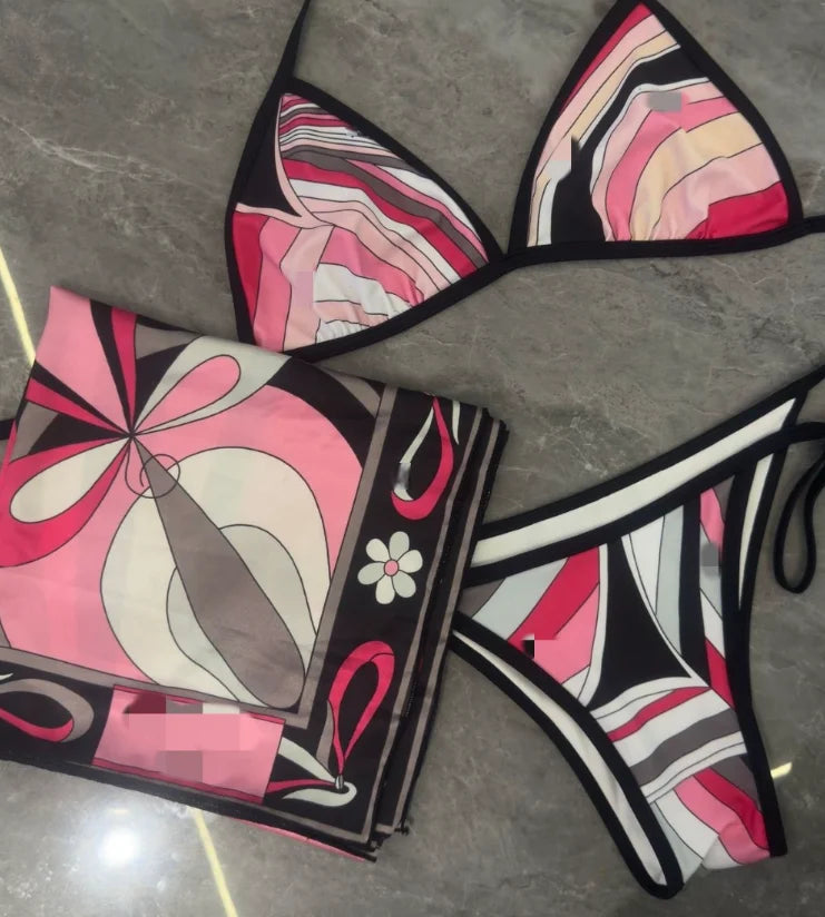 New STOCK Fashion 4 Pieces Swimwear With Headband Big Beach Scarfs Sexy Women Designer Bikini Set