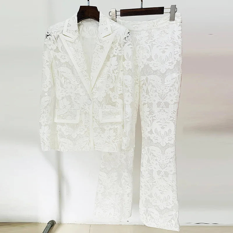 Autumn and Winter Elegant Ladies White Lace Sequin Tuxedo Suit and Pants Sets Women Blazer Set