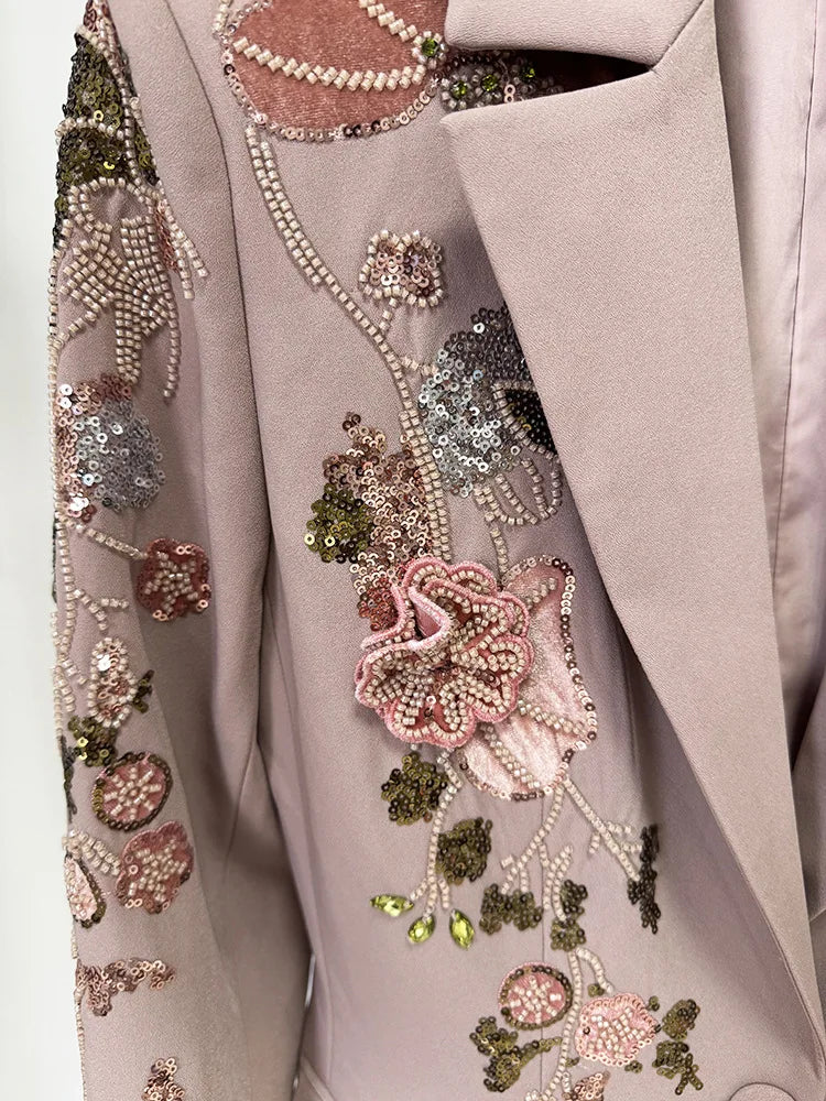 OUDINA Factory Wholesale Embroidered Sequins Flower Jacket Wide Leg Pants Suits and Blazer Two Piece Set Women's Suits & Blazers