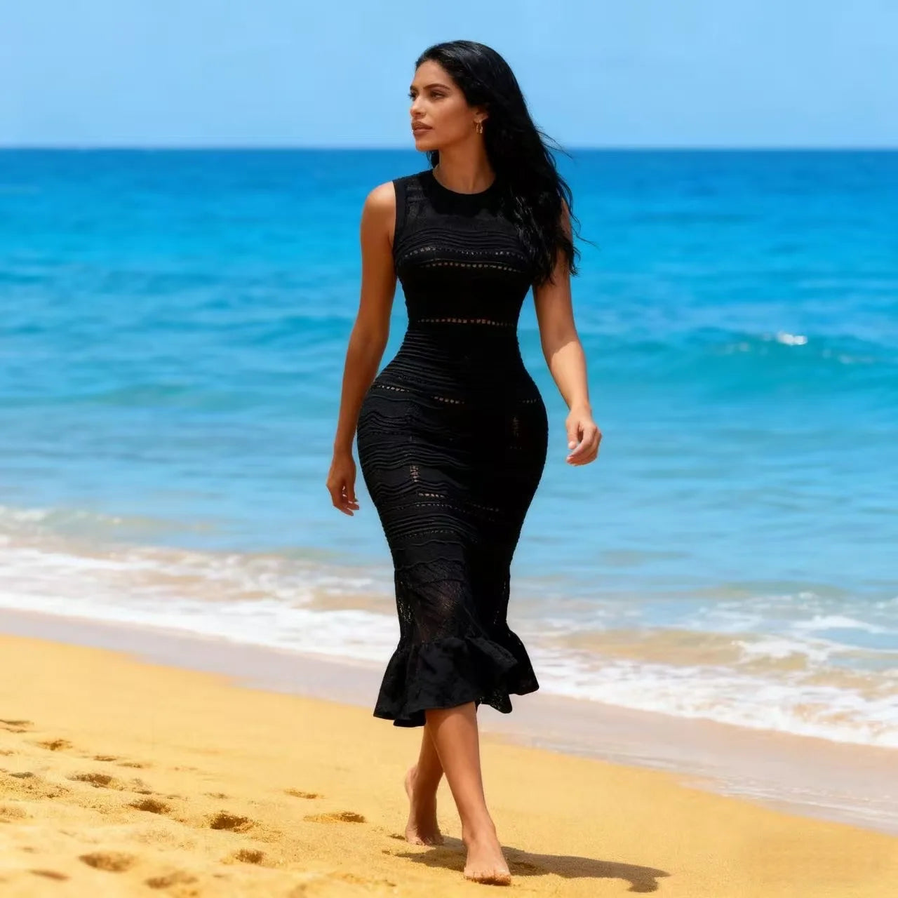 S 2025 Spring and Summer Sleeveless Slim-fit Ruffled Elegant Knitted Solid Long Skirt Dress Fresh Edge