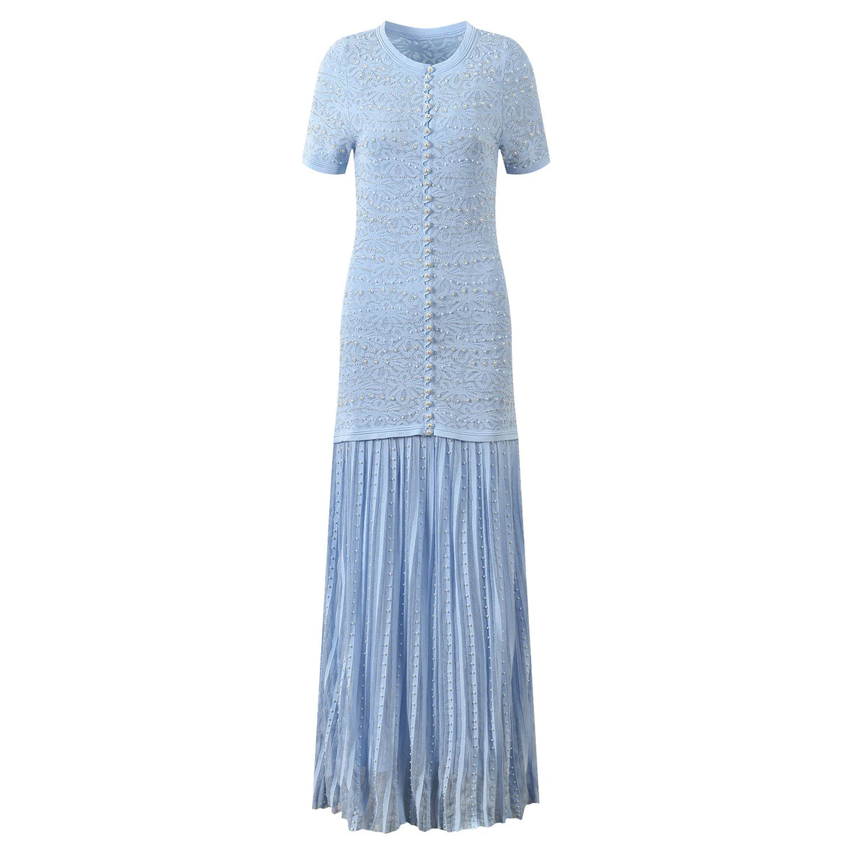 2026 Lady Fine Workmanship Jacquard Lace Beading Wear O-neck Short Sleeve Knits Solid Pleated Long Dress With Slips Lining