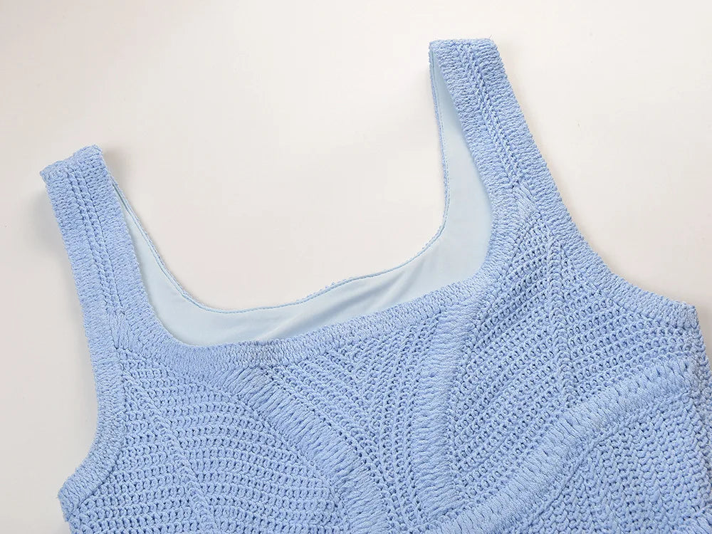 2026 Summer Lady Elegant Style Designed Solid Wavy Hem Sleeveless Wear Solid Waisted Straps A-line Short Mini Knits Dress Women