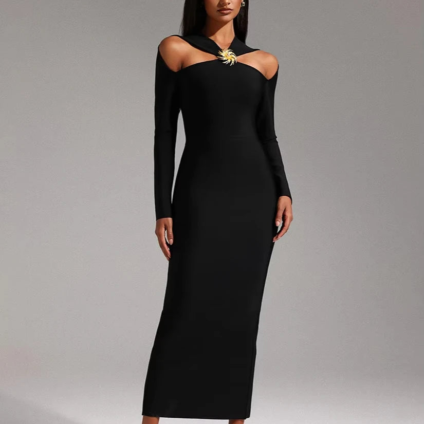 Black Party Dress with Gold metal flower