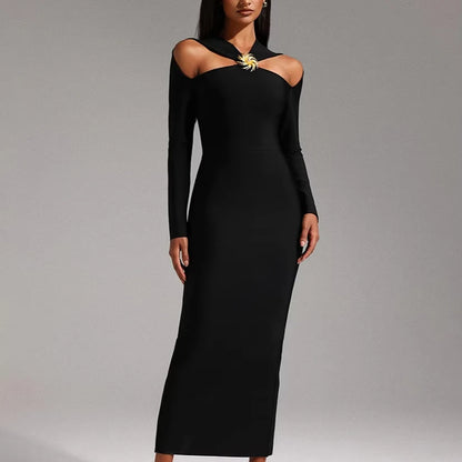 Black Party Dress with Gold metal flower