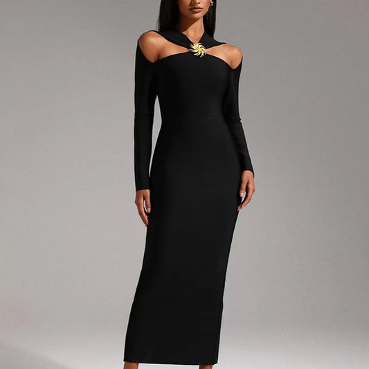 Black Party Dress with Gold metal flower