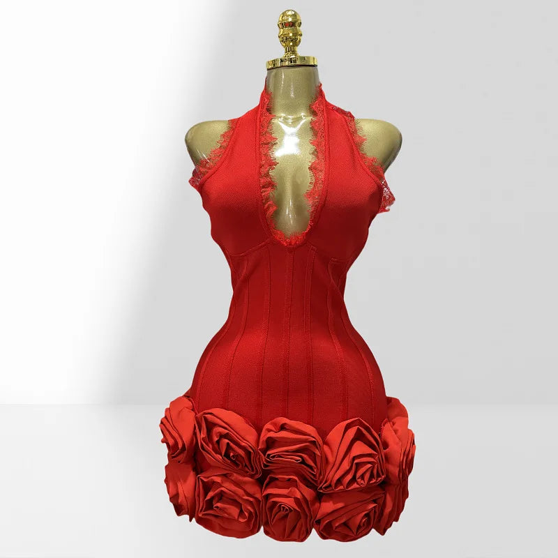 Red Mini party Dress with Rosses
