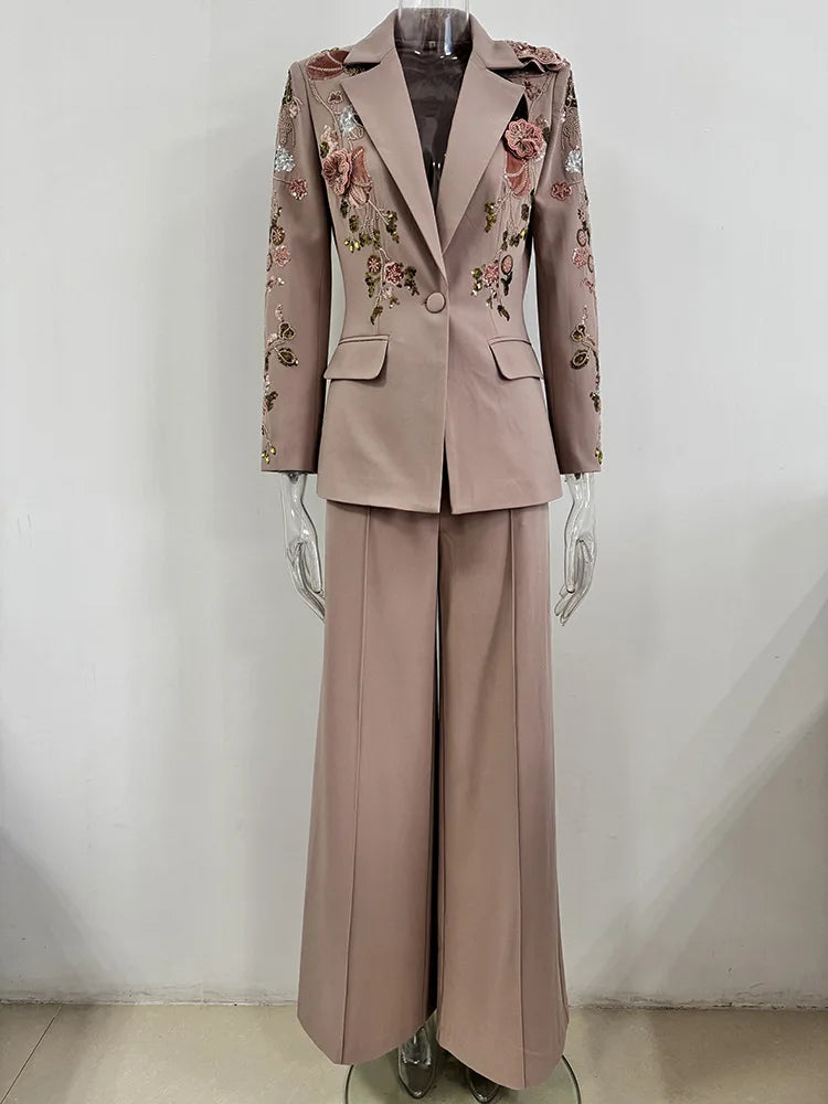 OUDINA Factory Wholesale Embroidered Sequins Flower Jacket Wide Leg Pants Suits and Blazer Two Piece Set Women's Suits & Blazers