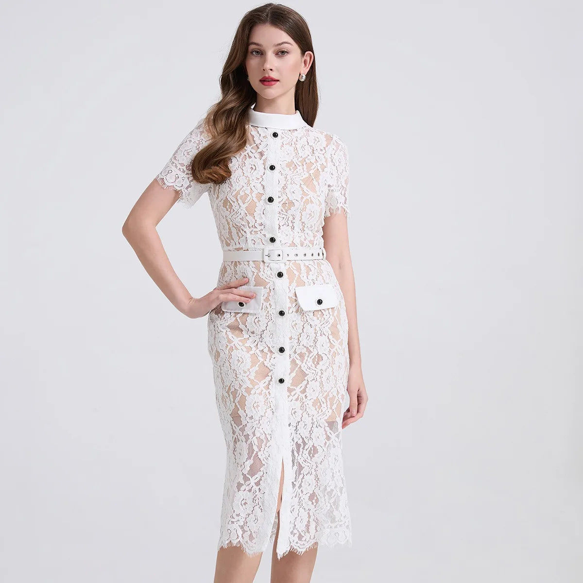 S-2XL Spring Summer Stretch Lace Elegant Patchwork Short Sleeve Dress High Fanny Pack Hip Dress Casual Dress