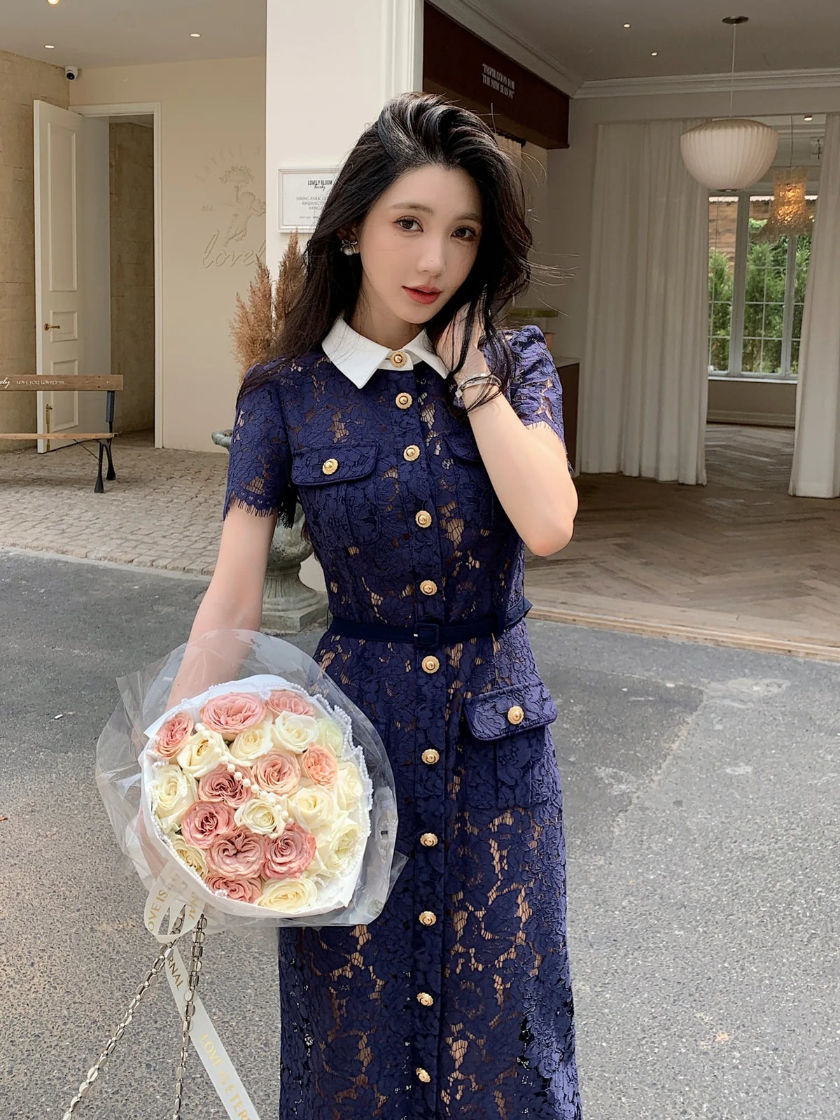 Womens Lace Mid-calf Dresses Hollow Out Turndown Collar Elegant Short Sleeve Single Breasted Casual Dress
